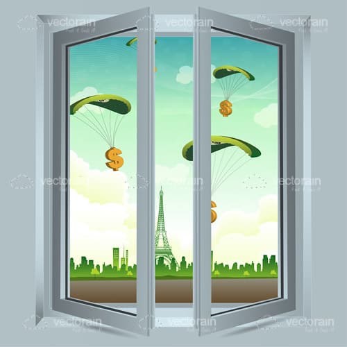 Open Window with Parachuting Dollar Symbols Outside